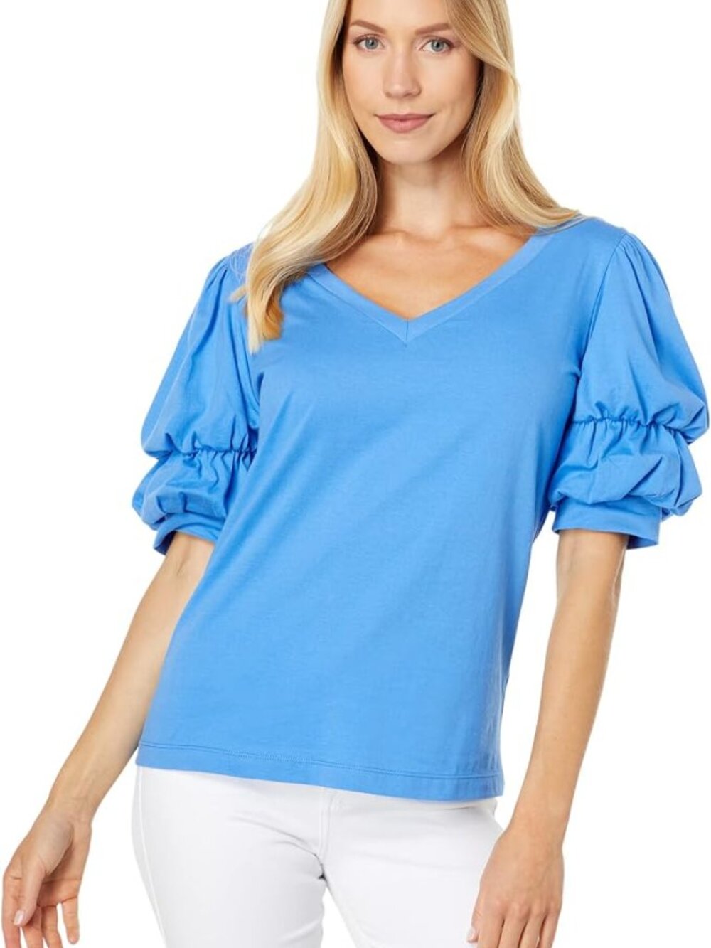 Lilly Pulitzer Dicola Top L Boca Blue Puff Ruffle Sleeve Coastal Preppy